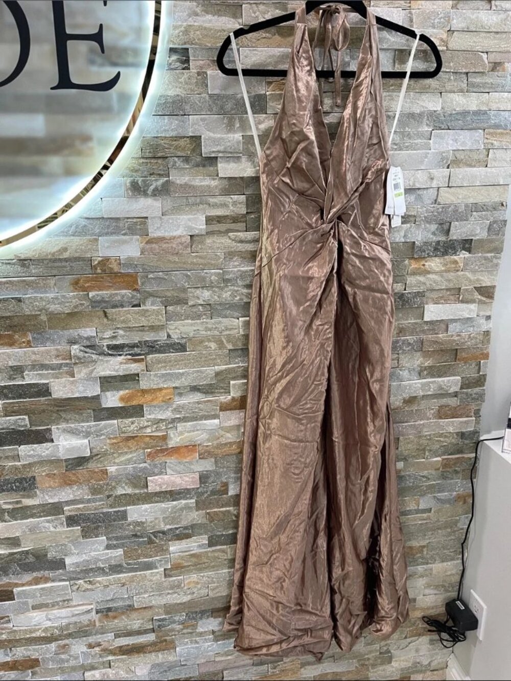 Jessica McClintock Metallic Bronze Halter Gown